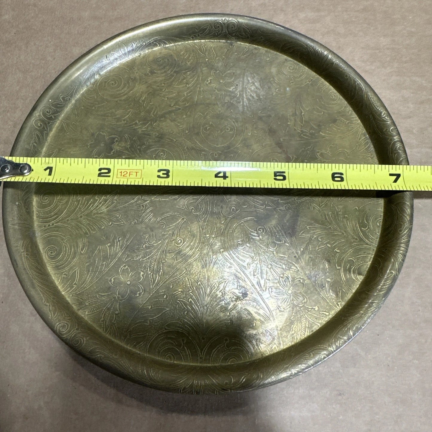 Vintage Engraved and Hammered Brass Tray Middle Eastern Moroccan 7” X 7”