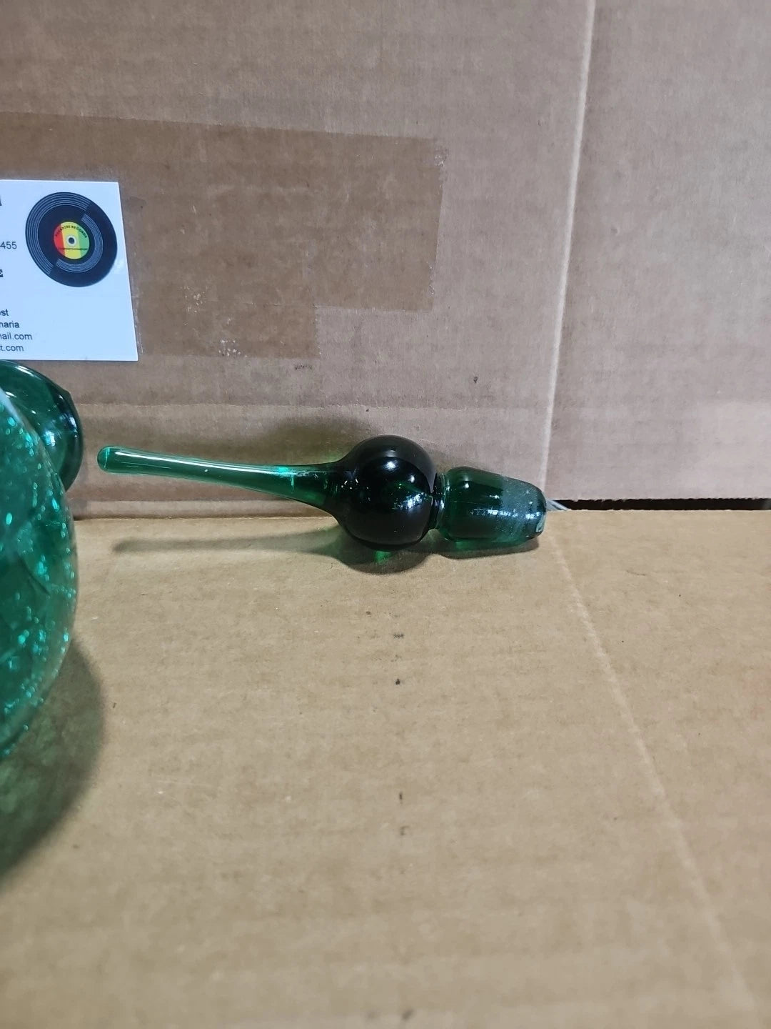Green Crackle Art Glass Decanter With Stopper Vintage Rare