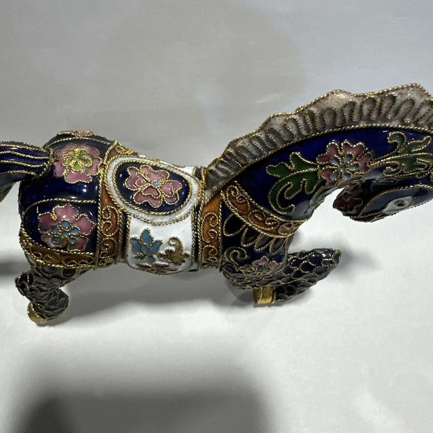 Cloisonne Chinese Enamel Brass Gilt Jeweled Gem Horse Figurine No Stand