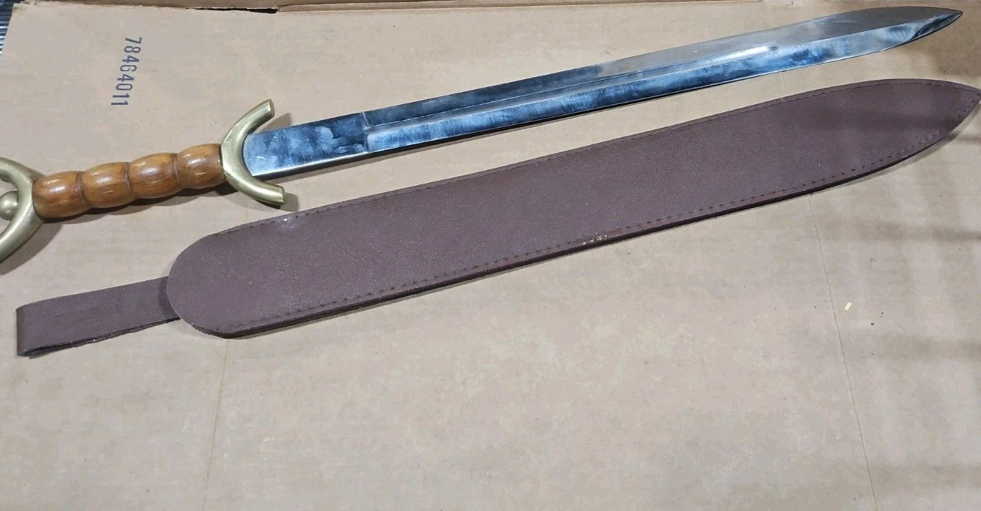 31″ Celtic War Sword With Leather Sheath Stainless Steel Blade Wooden Handle