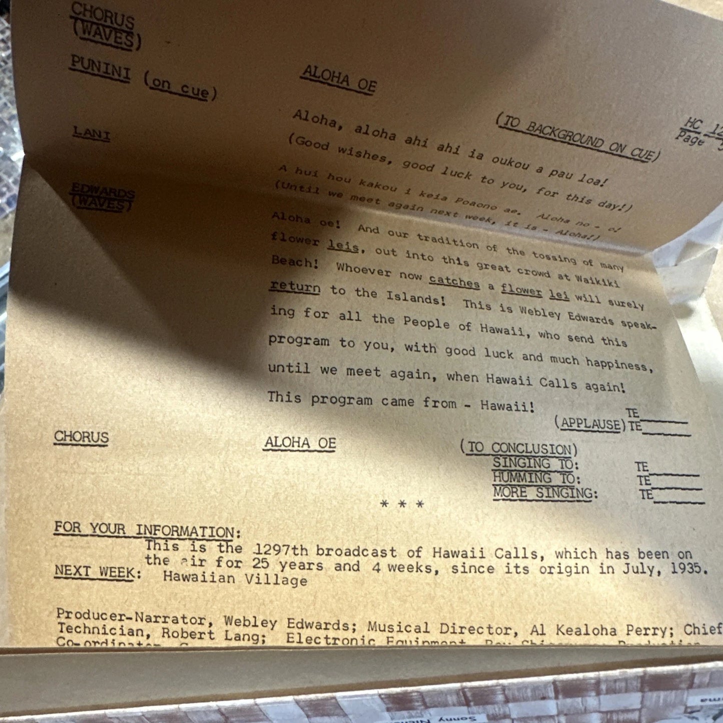 Hawaii Calls Personal Script of the Famous Broadcast. On the Beach at Waikiki Si