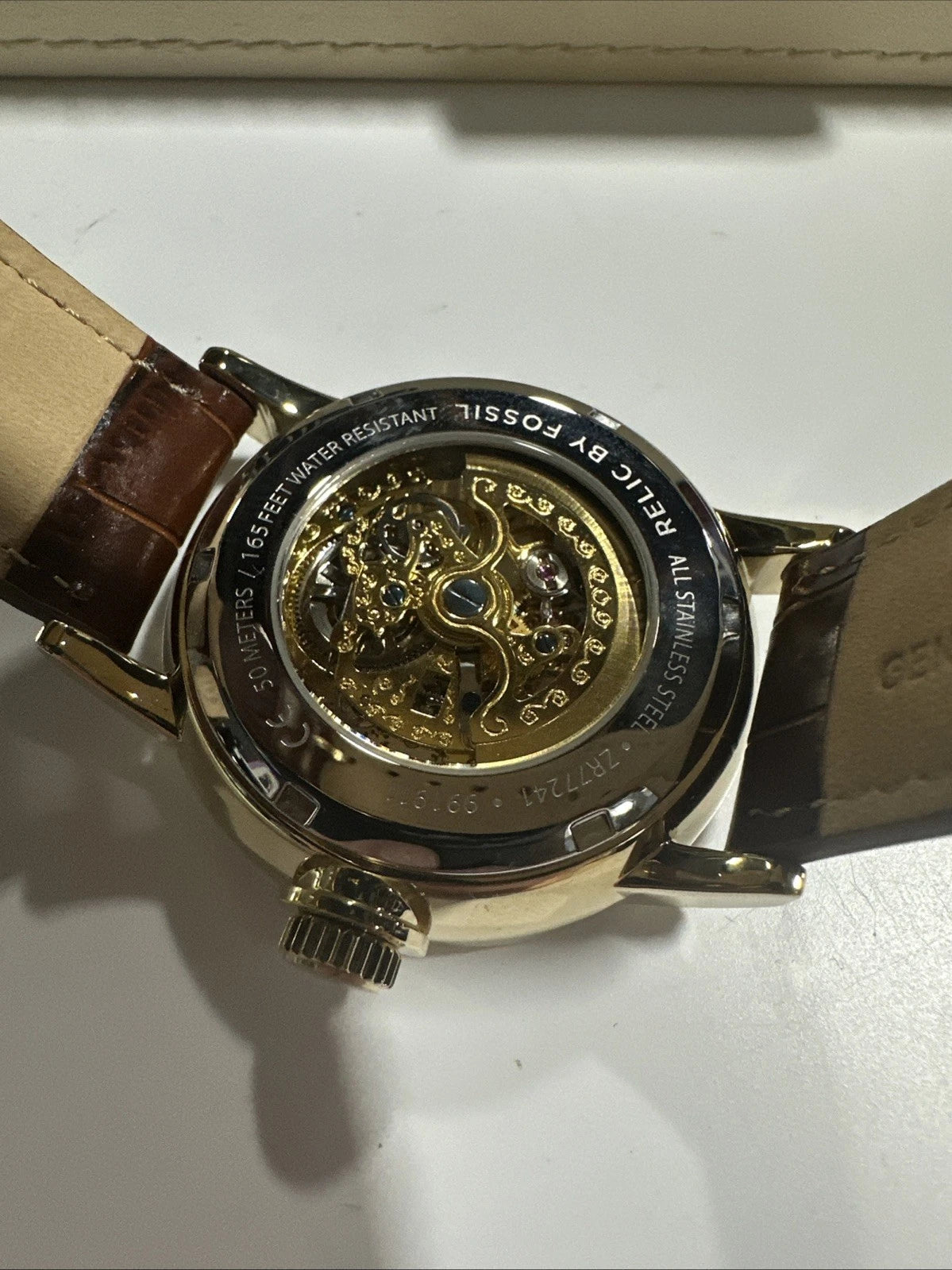 MEN'S RELIC AUTOMATIC SKELETON WATCH - ZR77241 - LEATHER BAND THICK CASE.