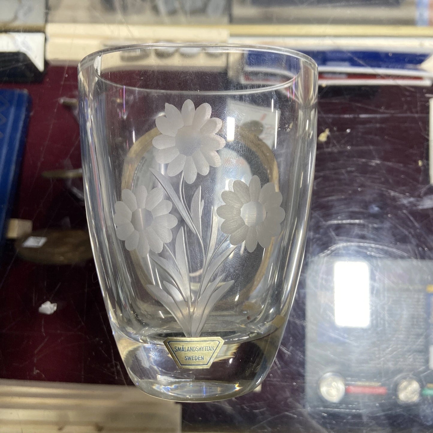 Smalandshyttan Sweden Crystal Vase Engraved Sun Flowers 3.75" 1960
