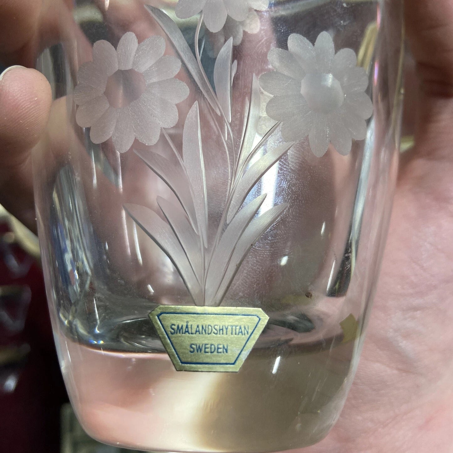 Smalandshyttan Sweden Crystal Vase Engraved Sun Flowers 3.75" 1960