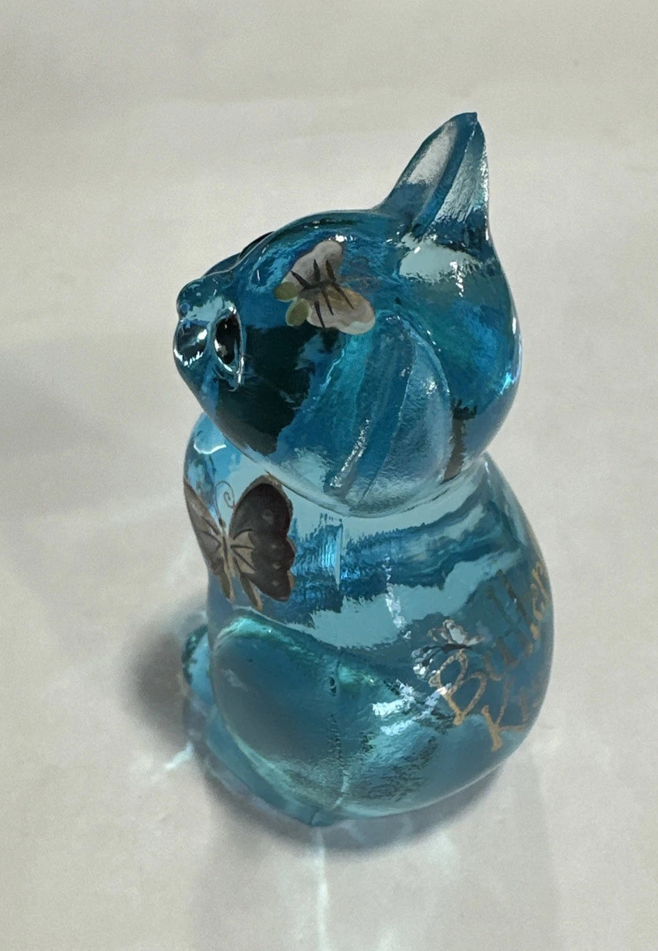 Vintage Fenton Amethyst Iridescent Carnival Glass Cat Kitten Butterfly Kisses