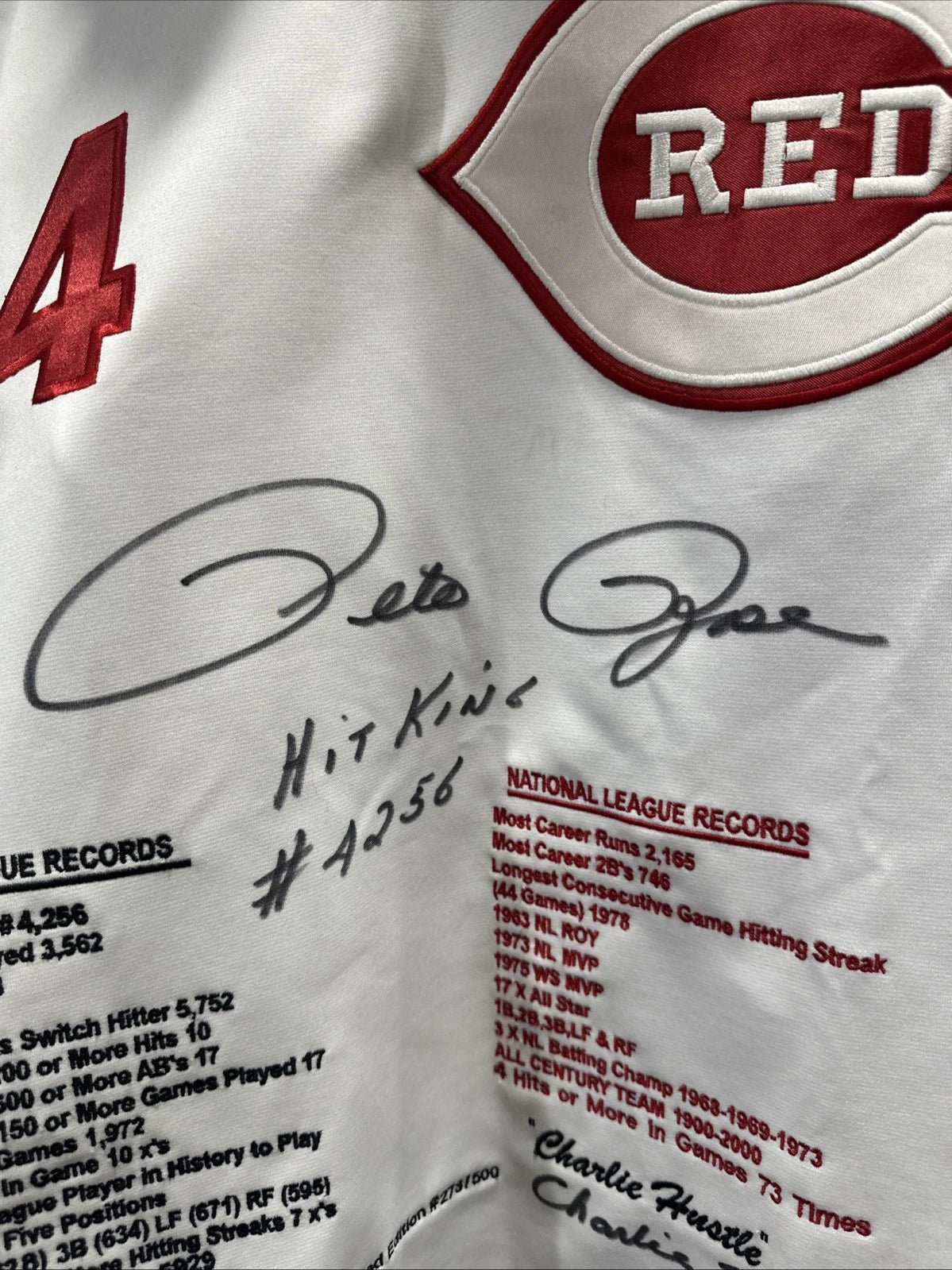 Pete Rose Autographed Signed Stat Jersey Baseball PSA Limited 500 Hit King #278