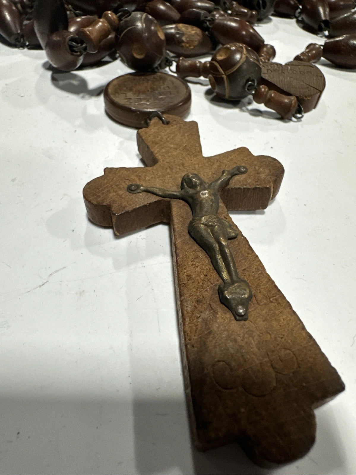Vintage French Ste Anne de Beaupre Carved Wood Bead Rosary 57 Inch
