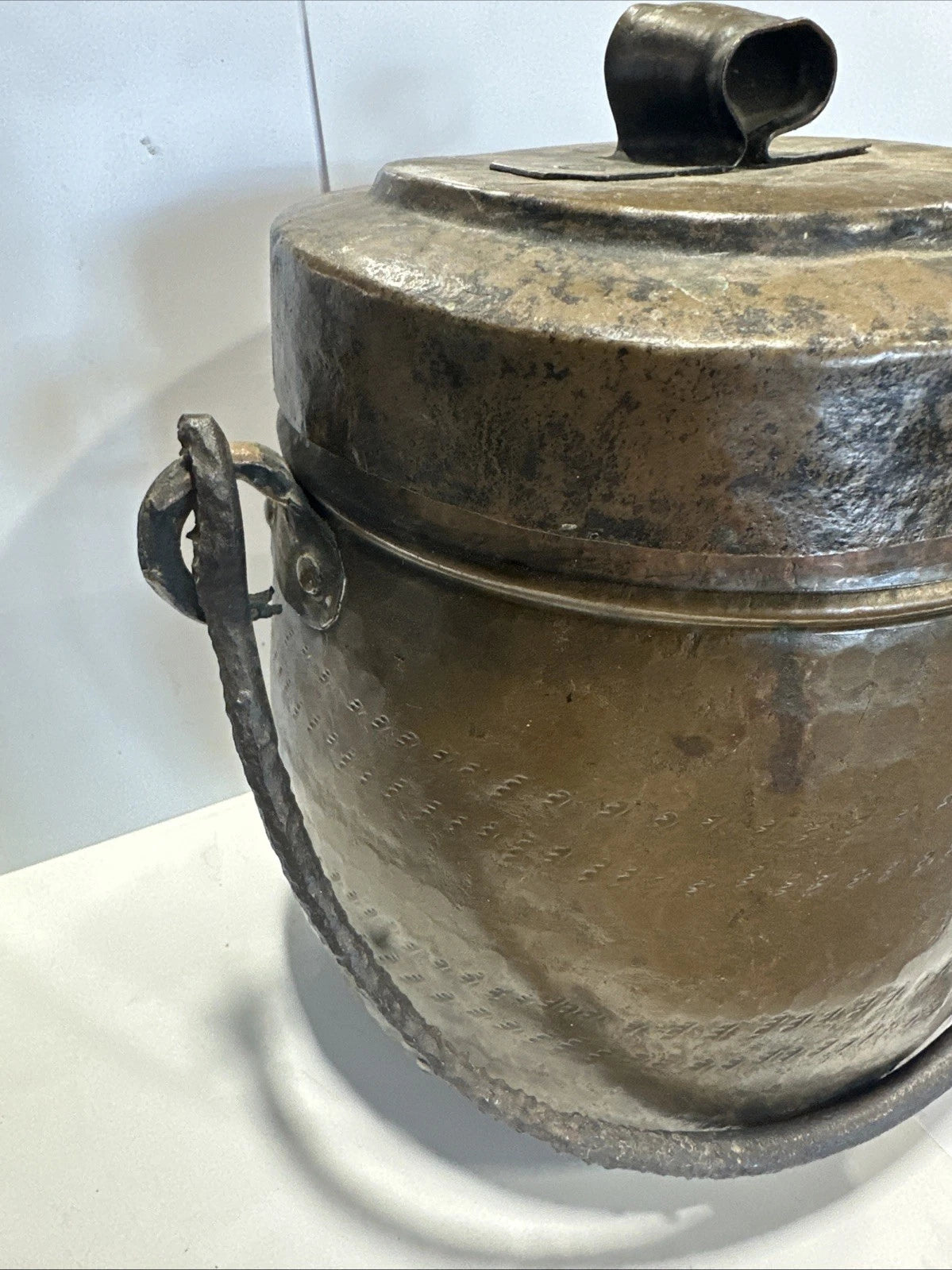 Antique Primitive Hammered Copper Bean Pot with Lid 11" tall