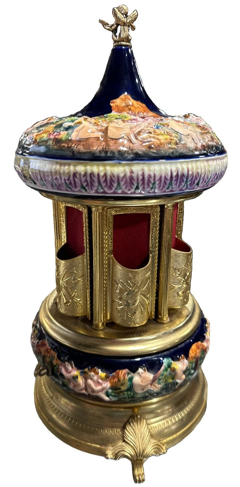 Reuge Cherubs Blue Capodimonte Carousel Lipstick Music Box Fully Working