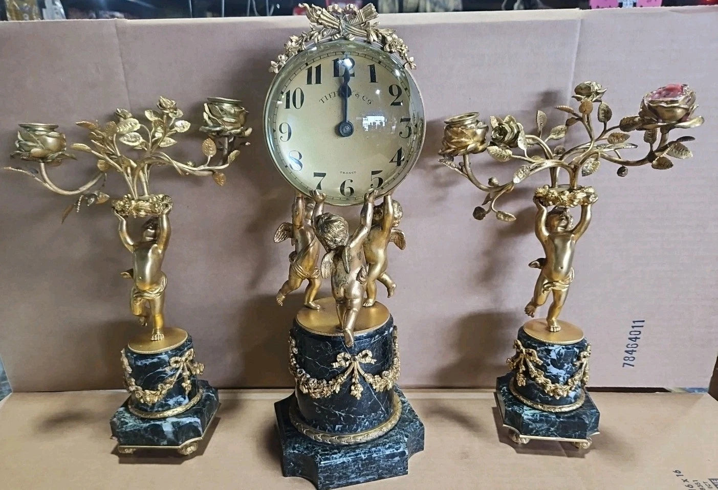 Large Antique Tiffany & Co France French Marble & Bronze Figural Clock