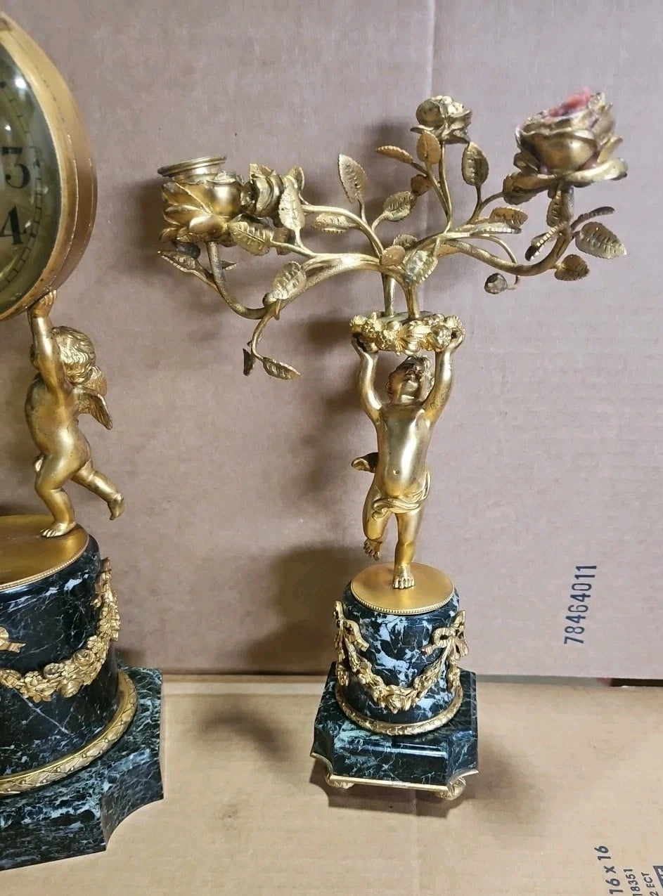 Large Antique Tiffany & Co France French Marble & Bronze Figural Clock