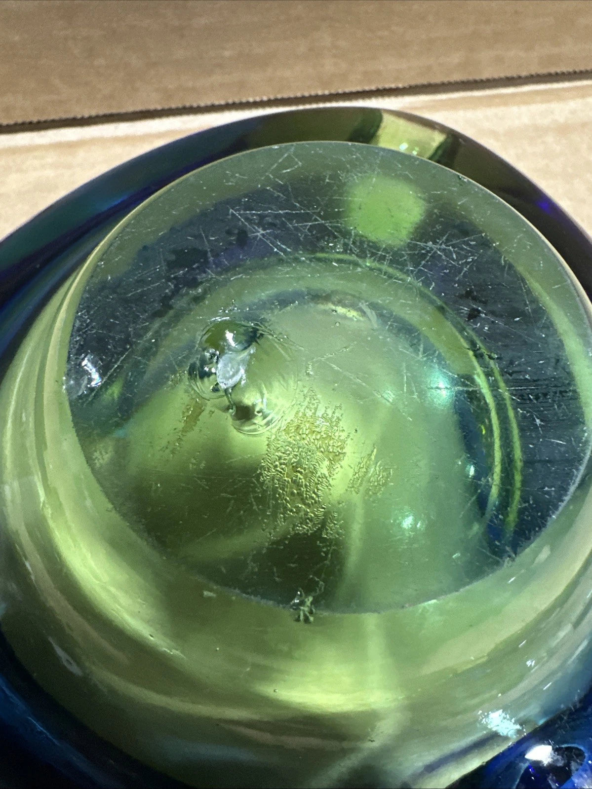 Possible Murano Art Glass 2 Color Green Blue Sommerso Ashtray Bowl Chipped
