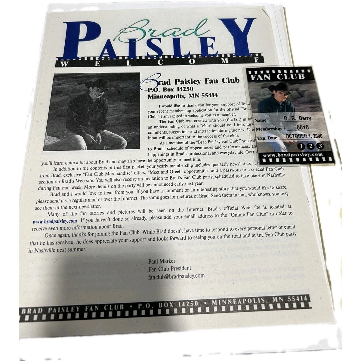 Brad Paisley Fan Club Memorabilia Rare Vintage