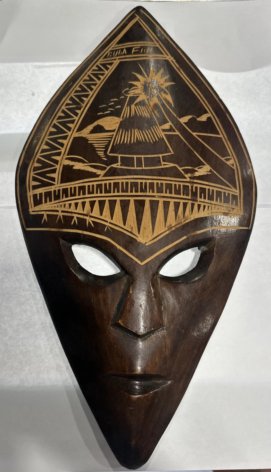 Vintage FIJI Hand Carved Wooden Tiki Mask Hibiscus Butterfly Painted Art
