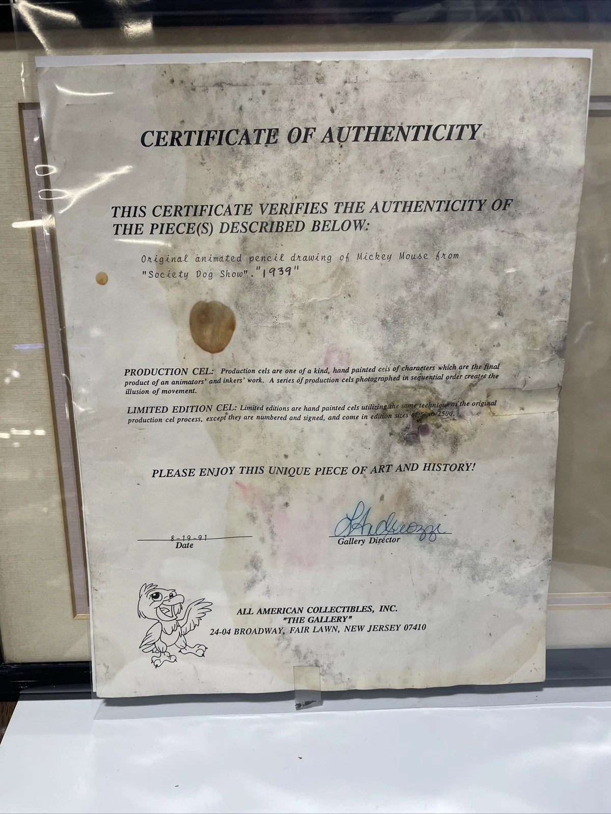 Original Animated Pencil Drawing Of Mickey Mouse From SOCIETY DOG SHOW 1939 COA