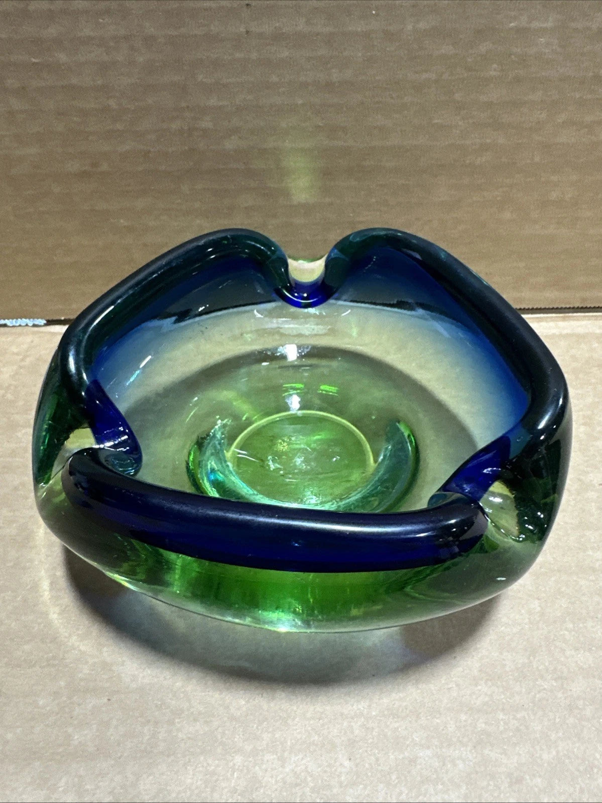 Possible Murano Art Glass 2 Color Green Blue Sommerso Ashtray Bowl Chipped