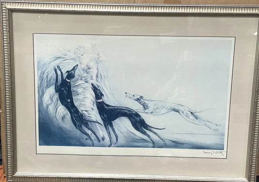 Vintage Louis Icart Coursing II Lithograph Print French Art Deco Dogs Framed