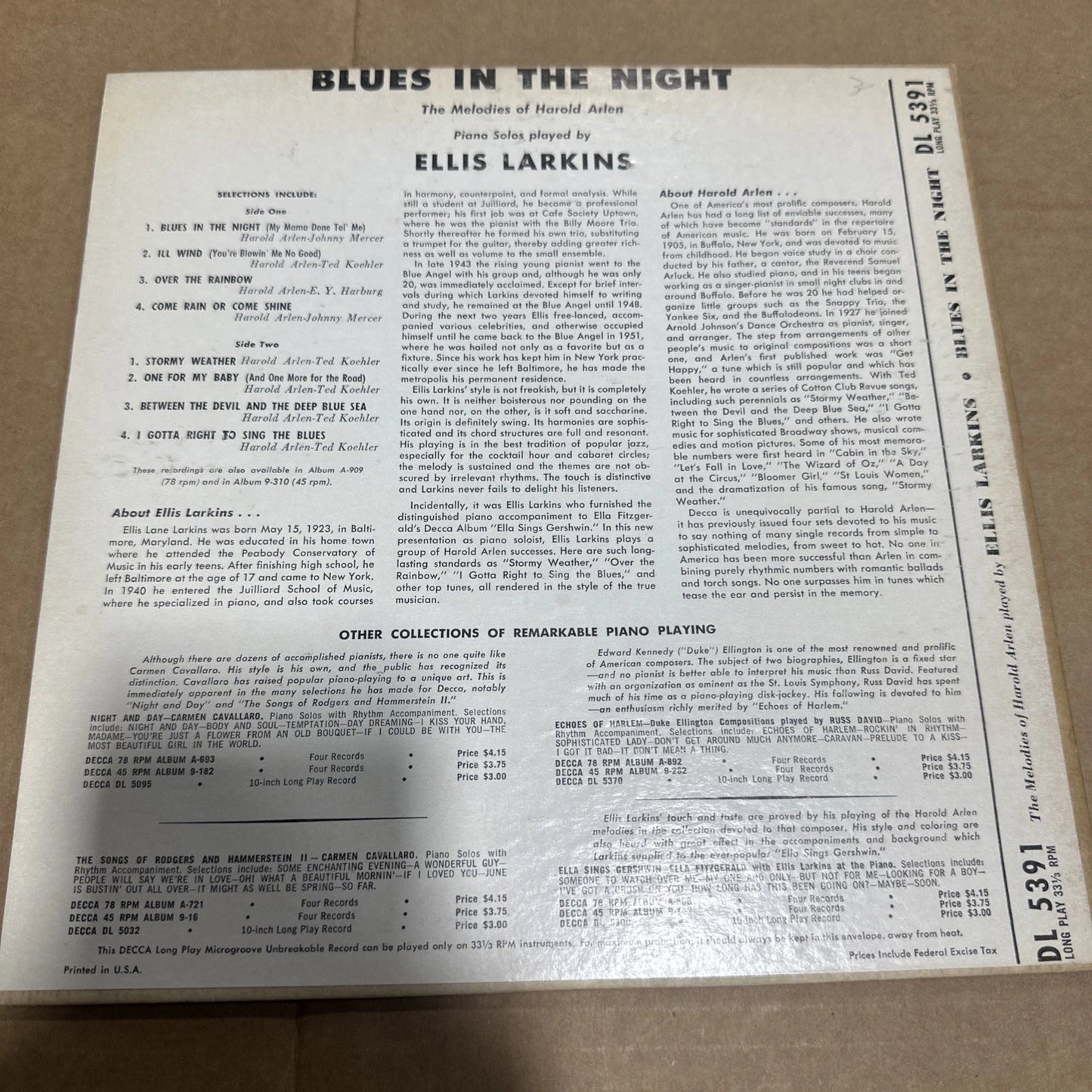 Ellis Larkins – Blues In The Night - The Melodies Of Harold Arlen 10 Inch Mono