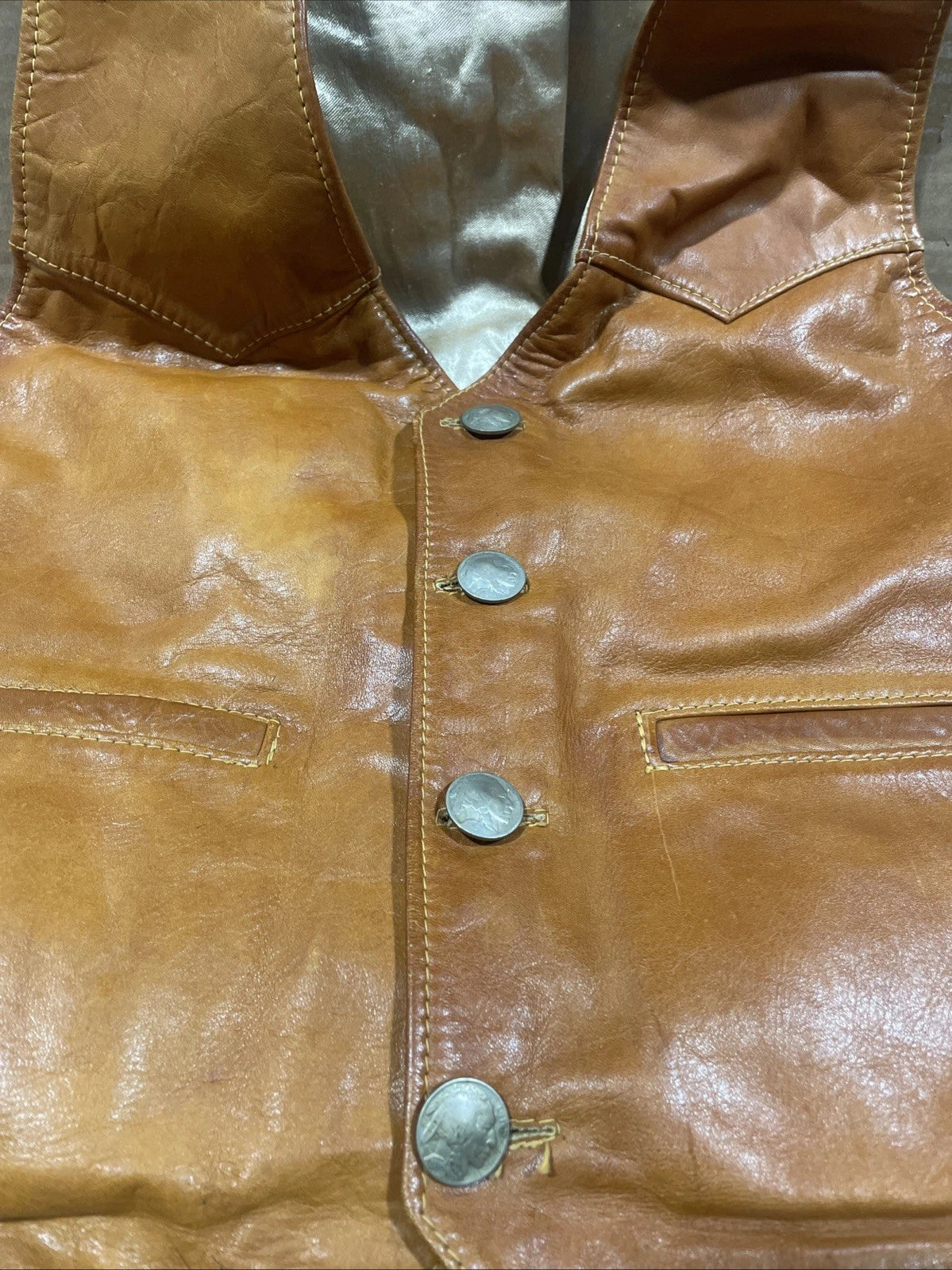 VTG Leather Vest Handmade Mens L 44 Tan Buffalo Nickel Buttons Unbranded Western