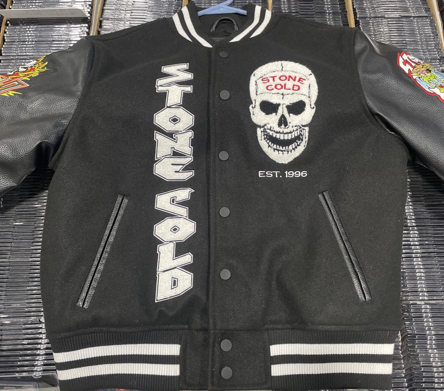 WWE x SP Letterman Jacket Stone Cold Steve Austin 3:16 Black Size Small