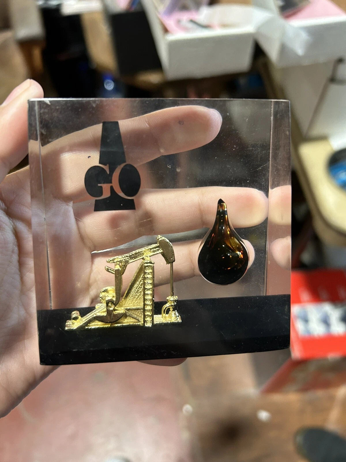 VTG Lucite Paperweight Pumperjack W/ CRUDE OIL SEI SEISMIC ENTERPRISES INC. 3 IN