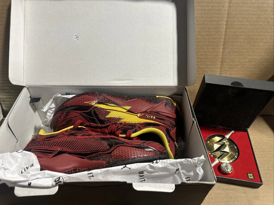 Size 7.5- PUMA RS-X THE FLASH DC X BAIT RED DAHLIA, With Flash Ring & Symbol Lot