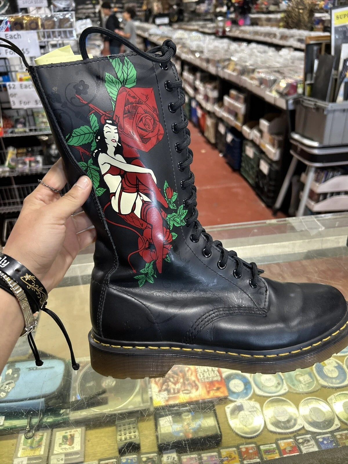 Dr Martens Womens Vintage Burlesque Boots Size 7 Black 14 Eye Mid Calf