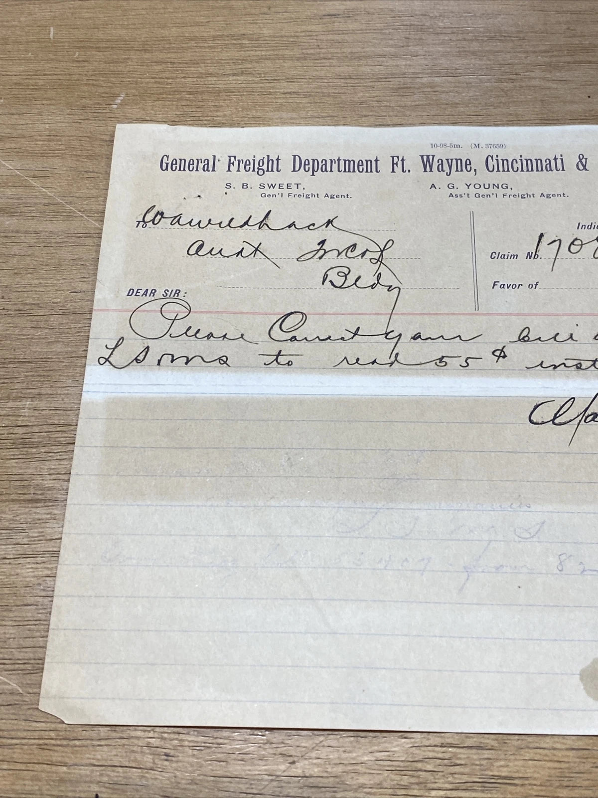 Vintage 1901 General Freight Ft Wayne, Cincinnati & Louisville Railroad Railway