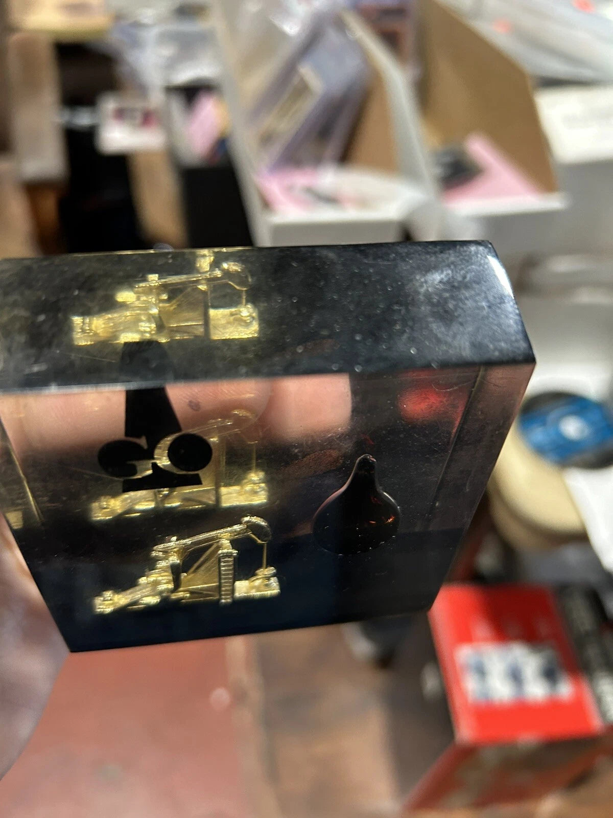 VTG Lucite Paperweight Pumperjack W/ CRUDE OIL SEI SEISMIC ENTERPRISES INC. 3 IN