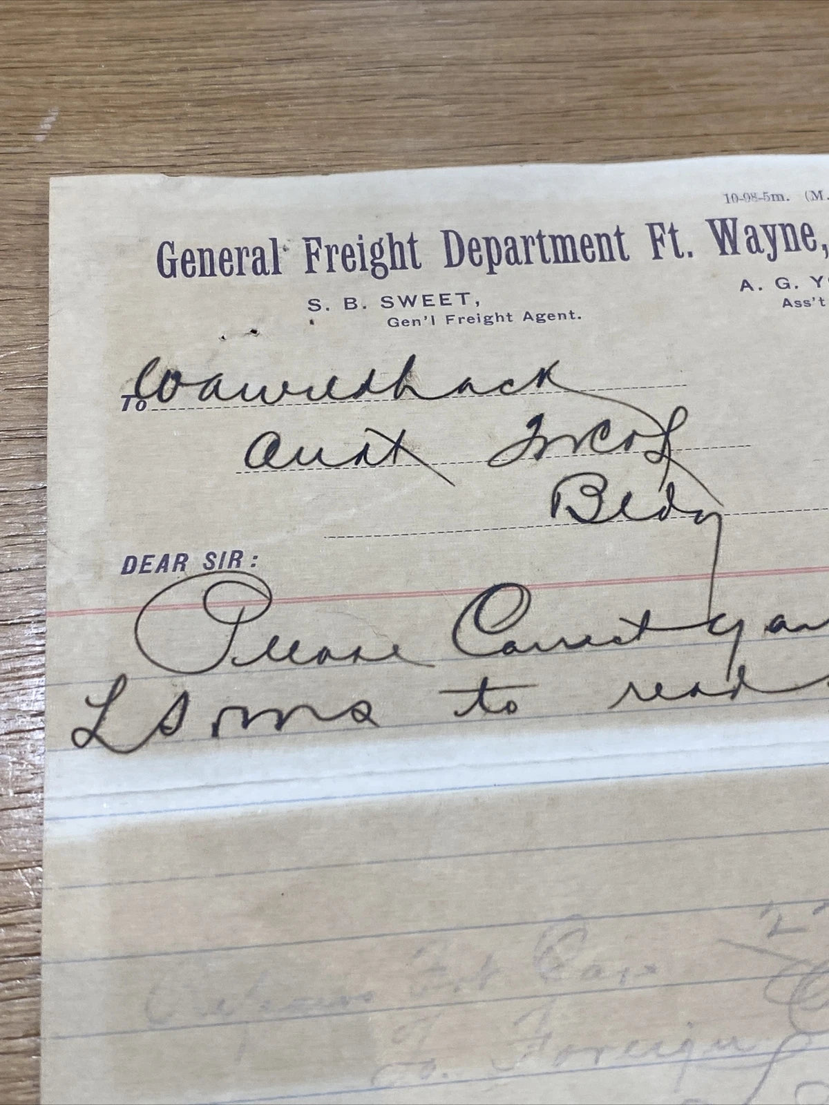 Vintage 1901 General Freight Ft Wayne, Cincinnati & Louisville Railroad Railway