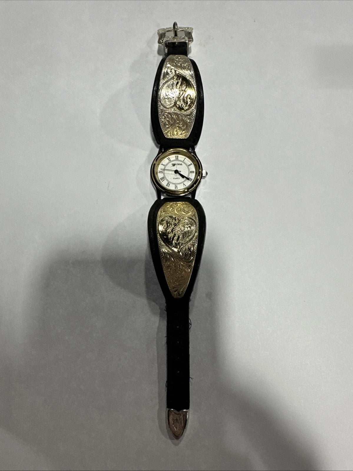 Montana Silversmiths Watch Aztec Silver Gold Black Leather Needs Battery