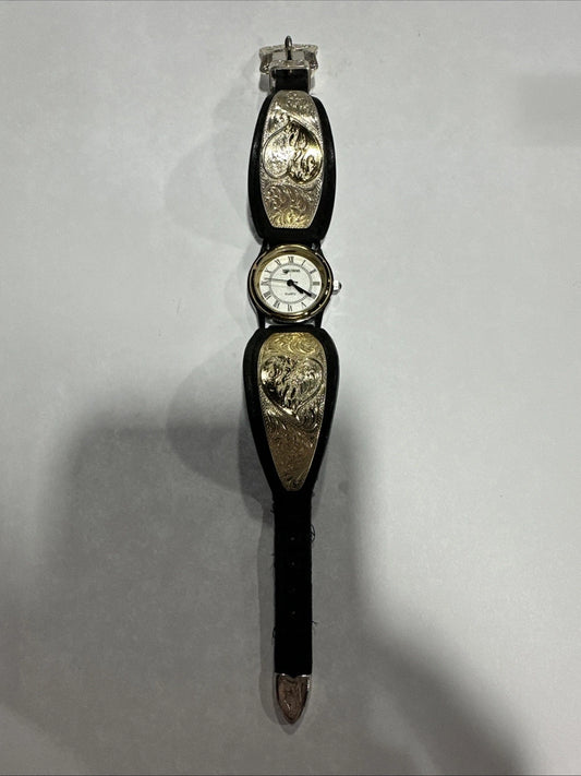 Montana Silversmiths Watch Aztec Silver Gold Black Leather Needs Battery