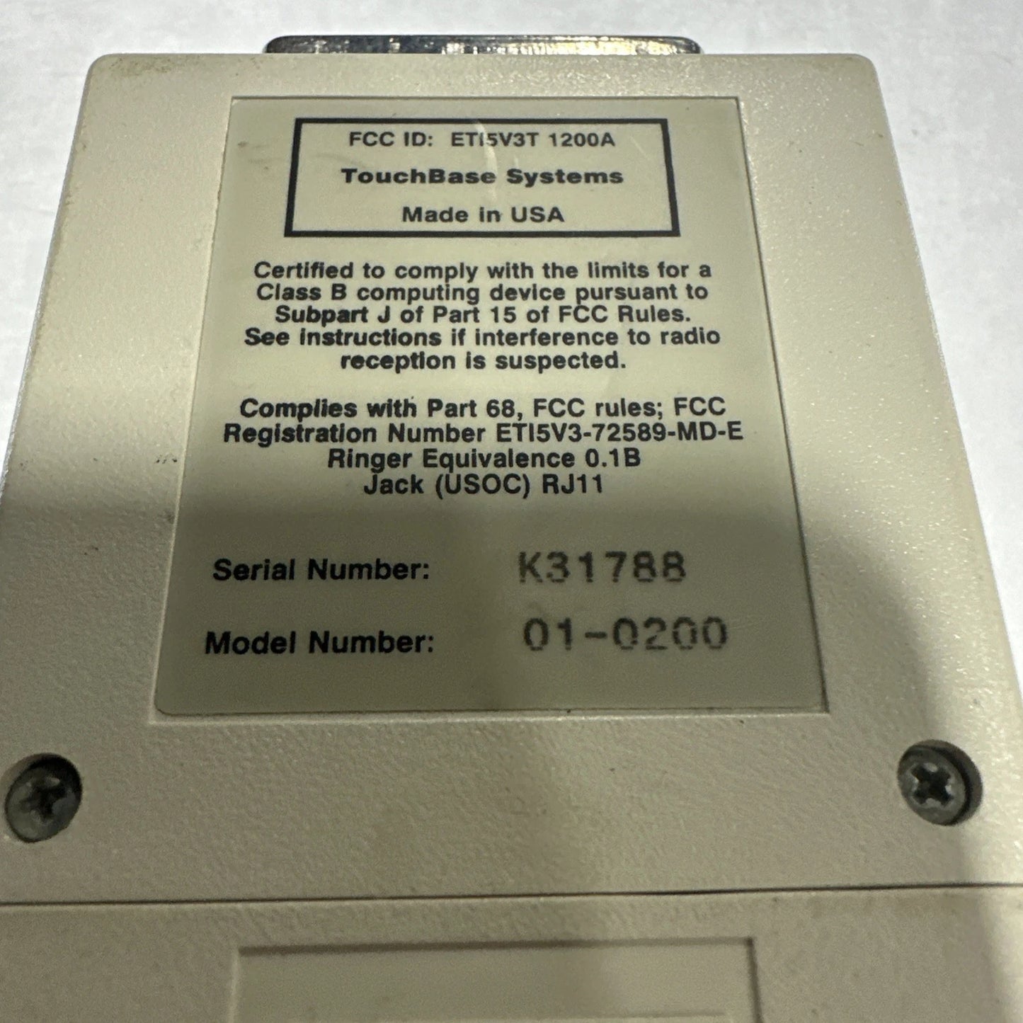 Touchbase Systems 2400 Baud Worlport Portable Modem 01-0200