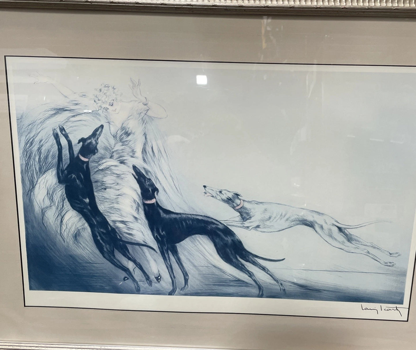 Vintage Louis Icart Coursing II Lithograph Print French Art Deco Dogs Framed