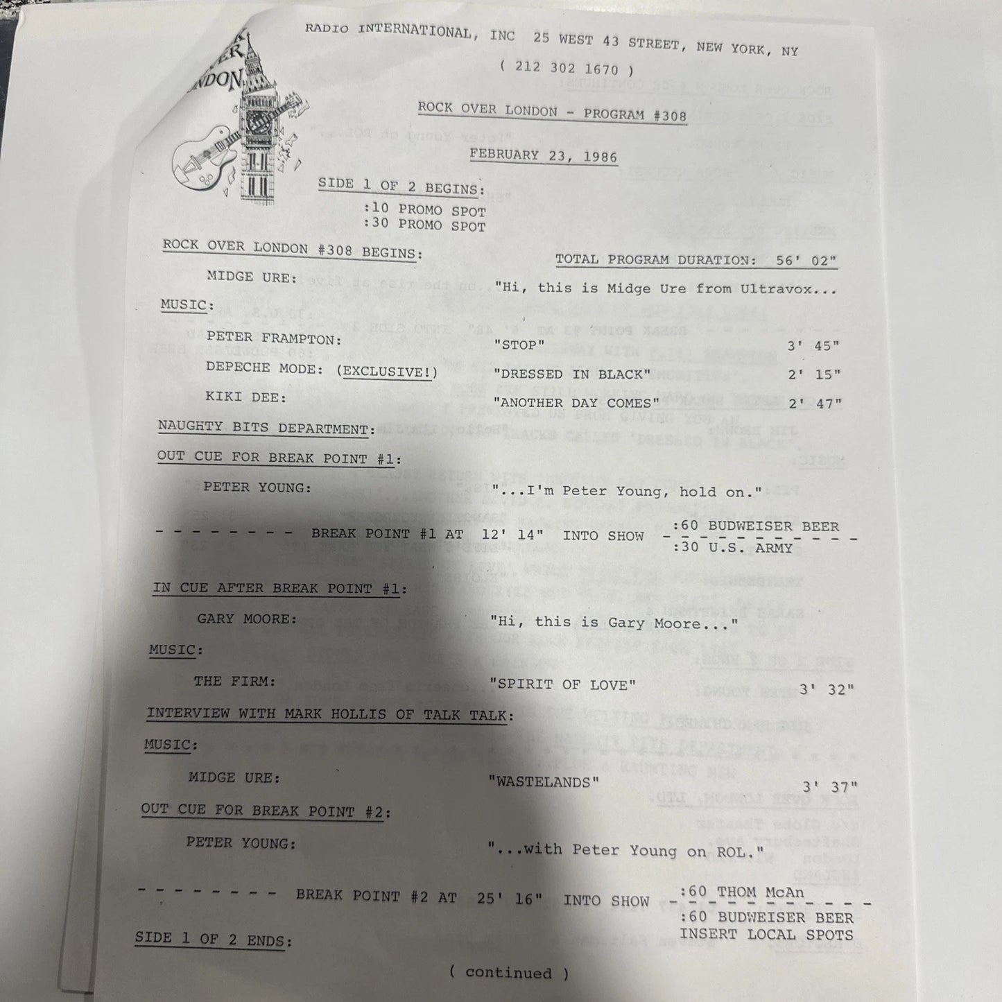 Rock Over London #308 Feb. 23, 1986 Depeche Mode, Peter Frampton and Firm LP VG+