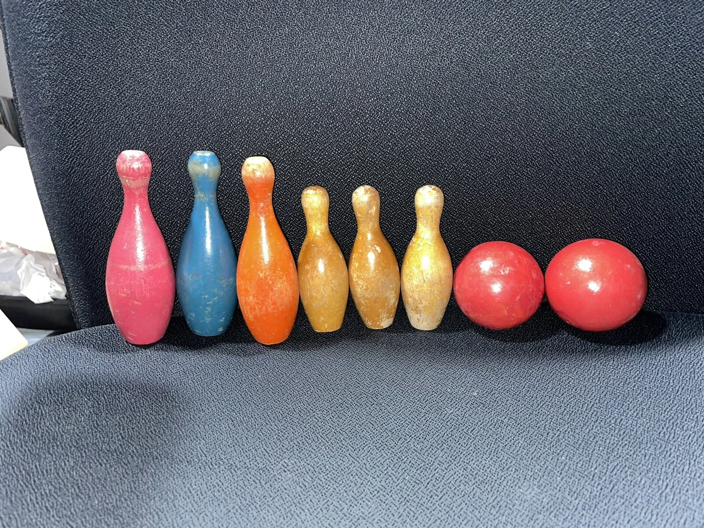 Antique Wooden Bowling Pins 6 Pins 2 Balls Different Sizes
