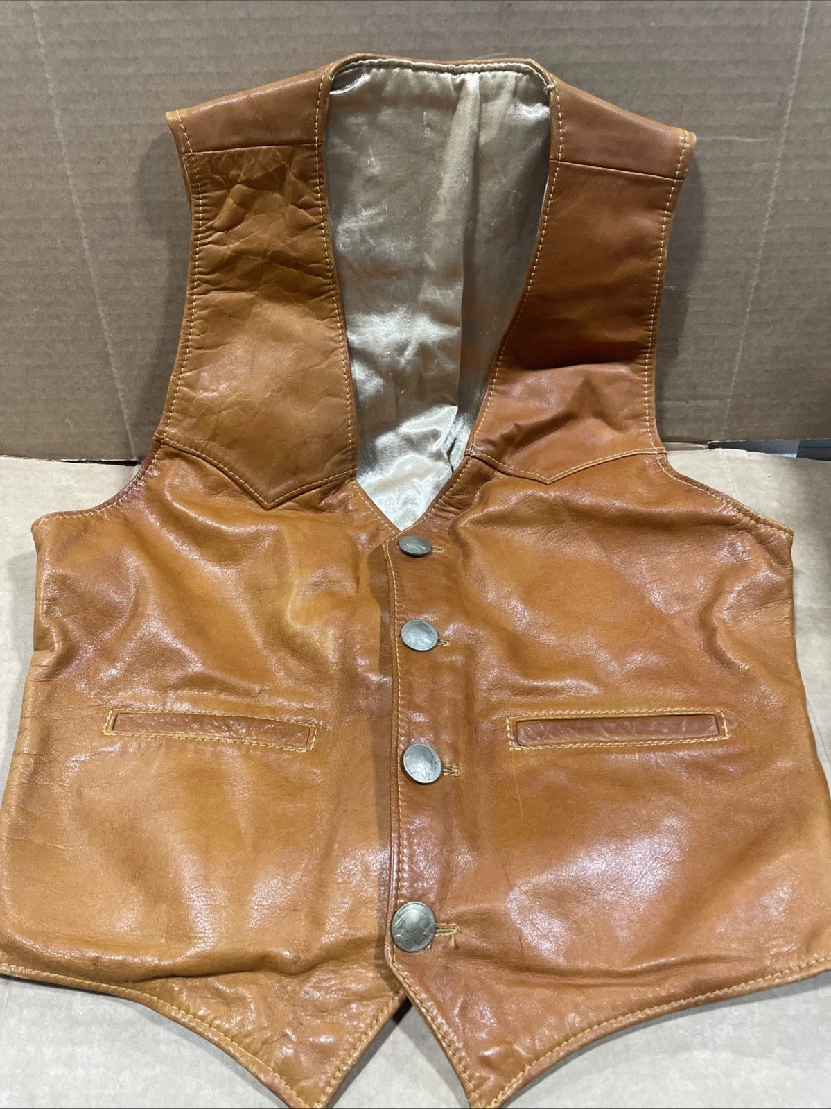 VTG Leather Vest Handmade Mens L 44 Tan Buffalo Nickel Buttons Unbranded Western