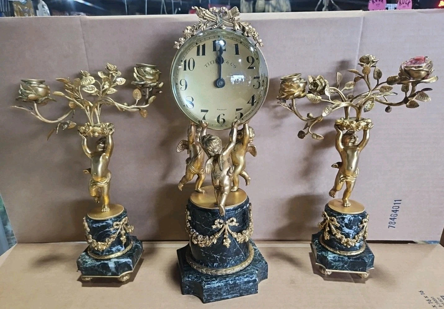 Large Antique Tiffany & Co France French Marble & Bronze Figural Clock