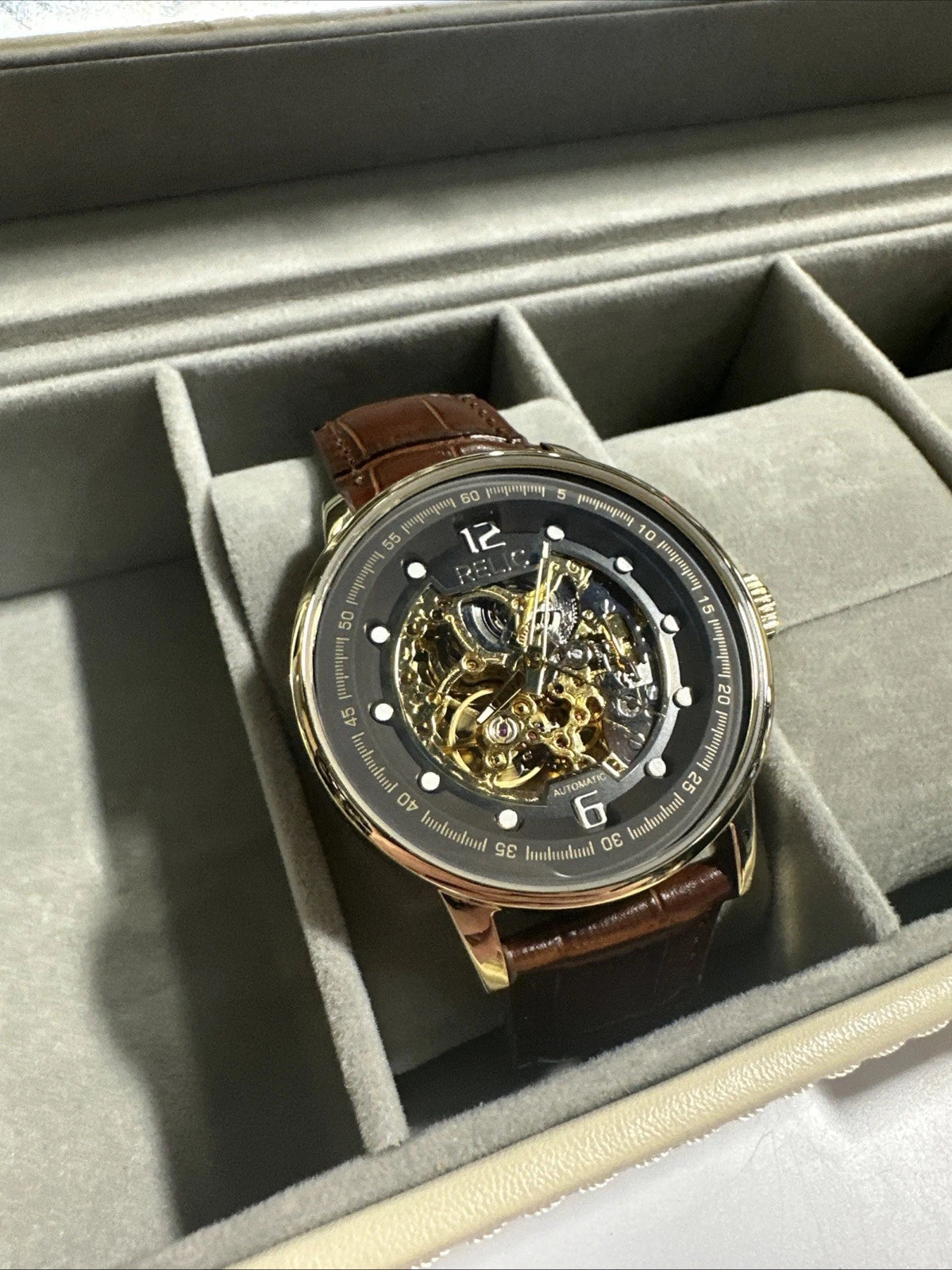 MEN'S RELIC AUTOMATIC SKELETON WATCH - ZR77241 - LEATHER BAND THICK CASE.
