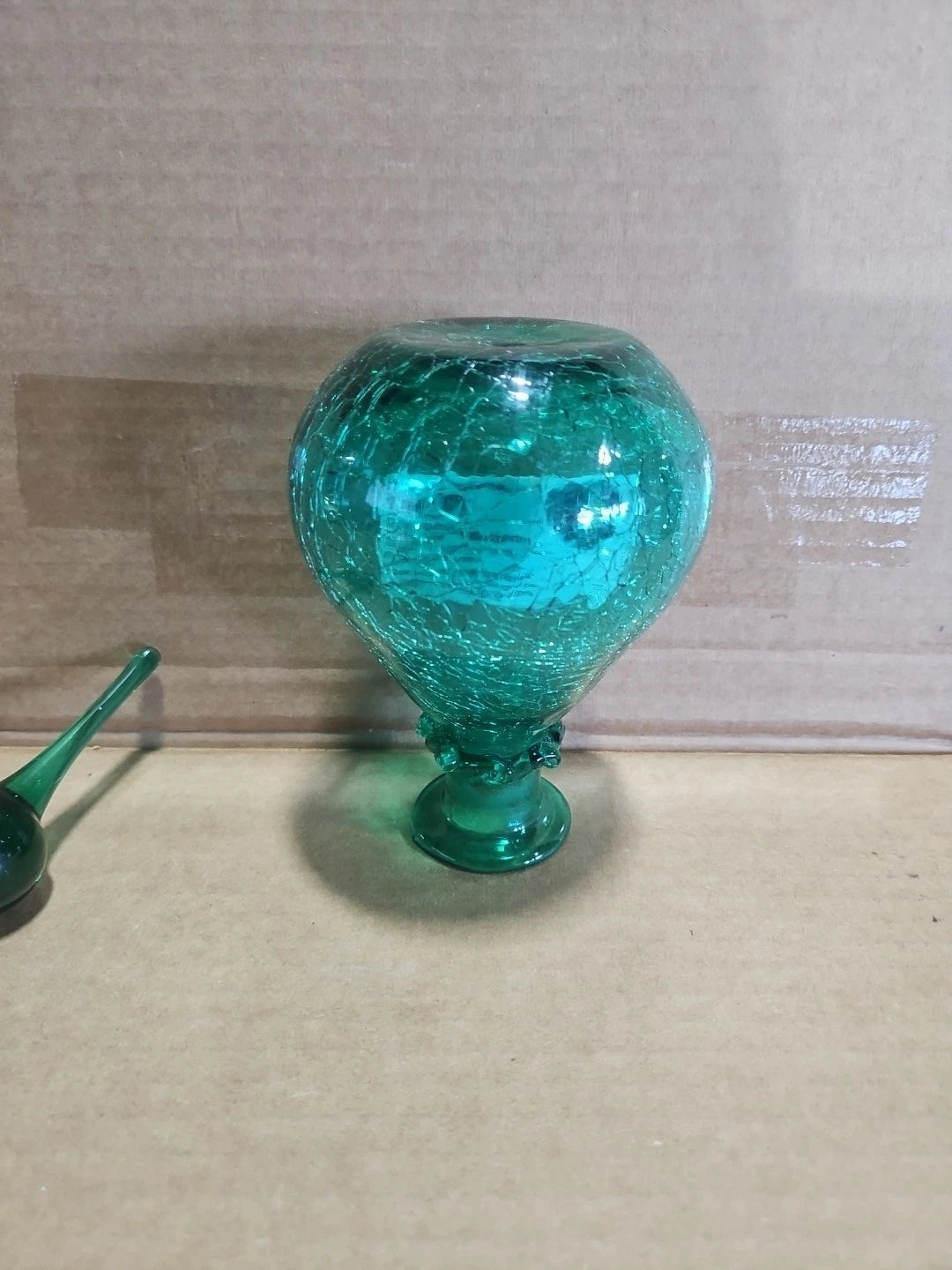 Green Crackle Art Glass Decanter With Stopper Vintage Rare