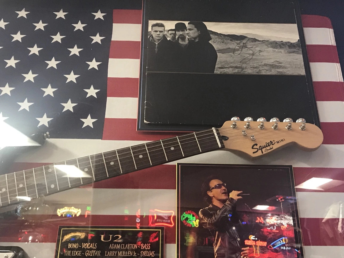Signed U2 Joshua Tree Record W Squire Mini Guitar, Photo in Plexiglass Frame COA