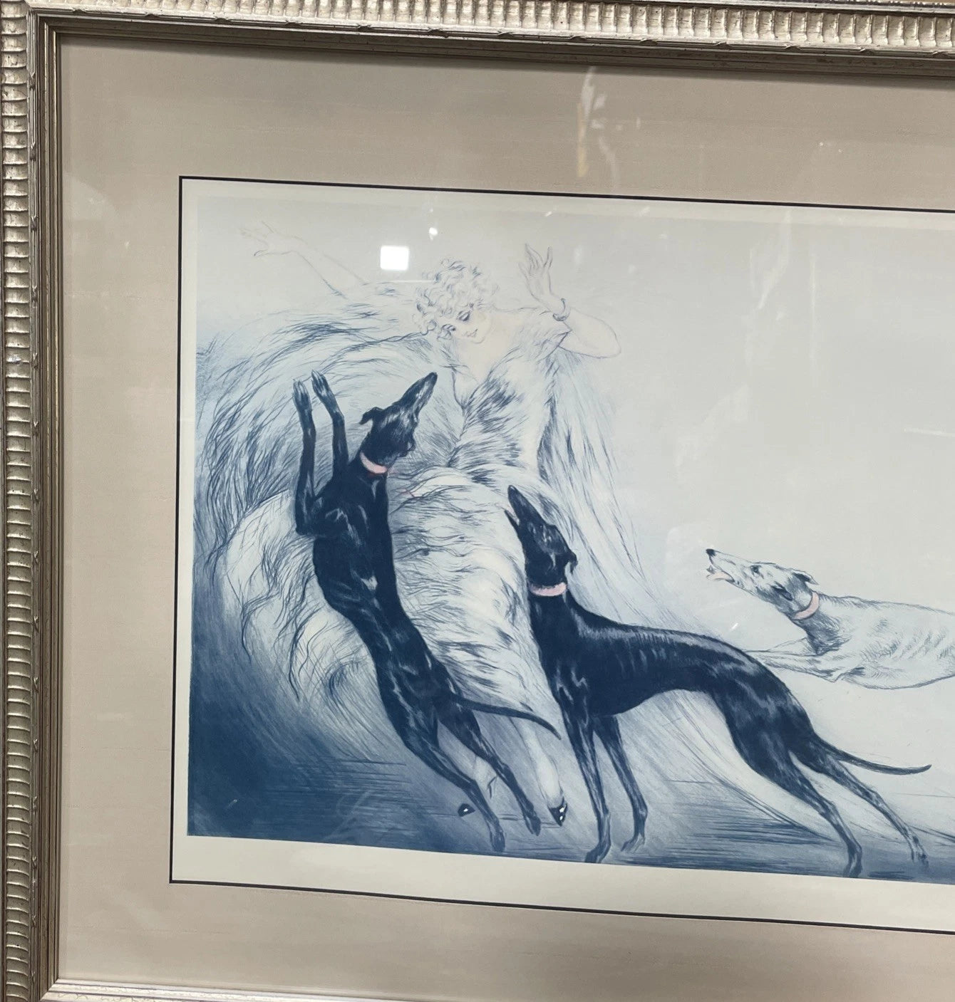 Vintage Louis Icart Coursing II Lithograph Print French Art Deco Dogs Framed