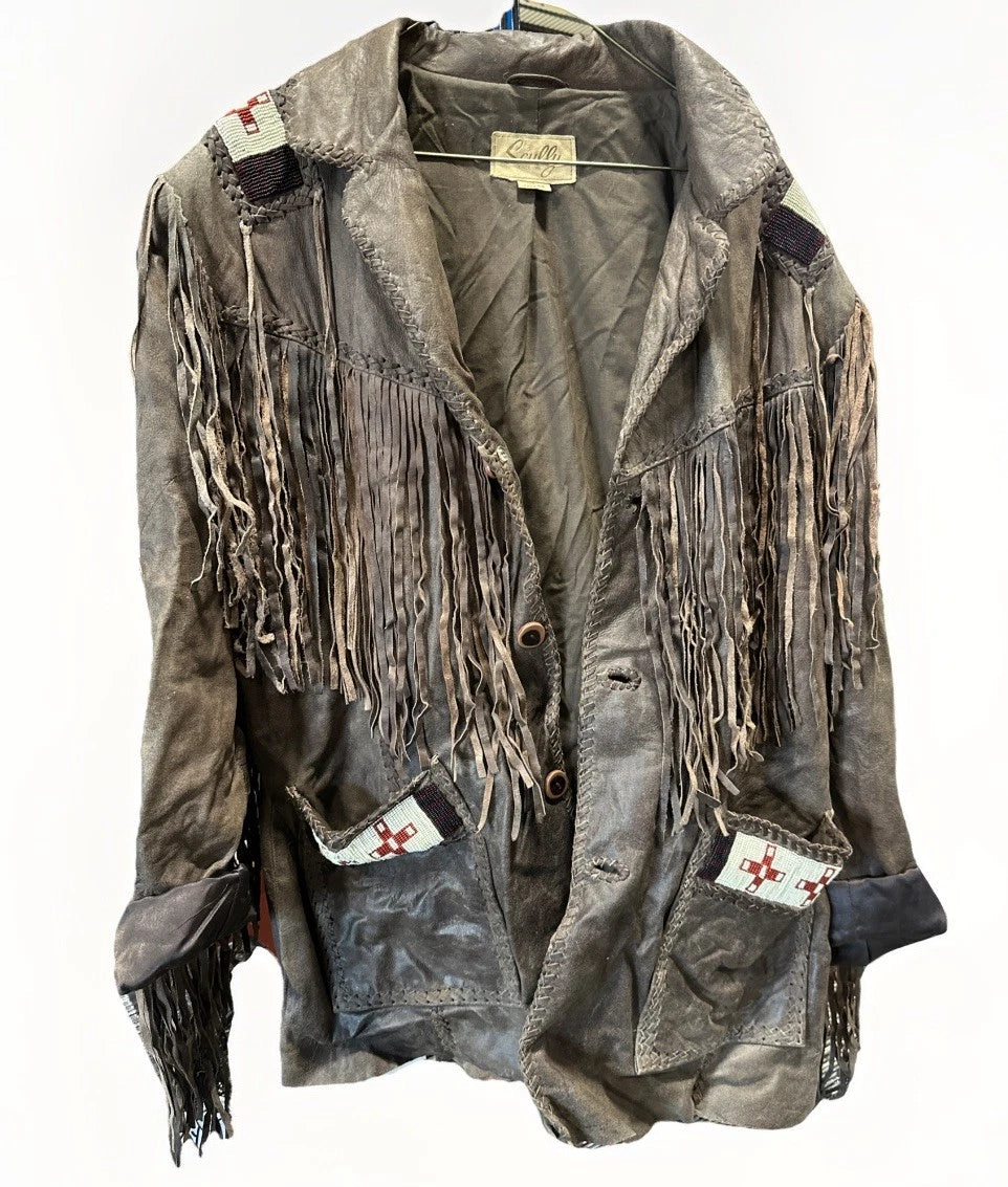 Native American Leather Jacket With Fringes & Beaded Coat Size 48