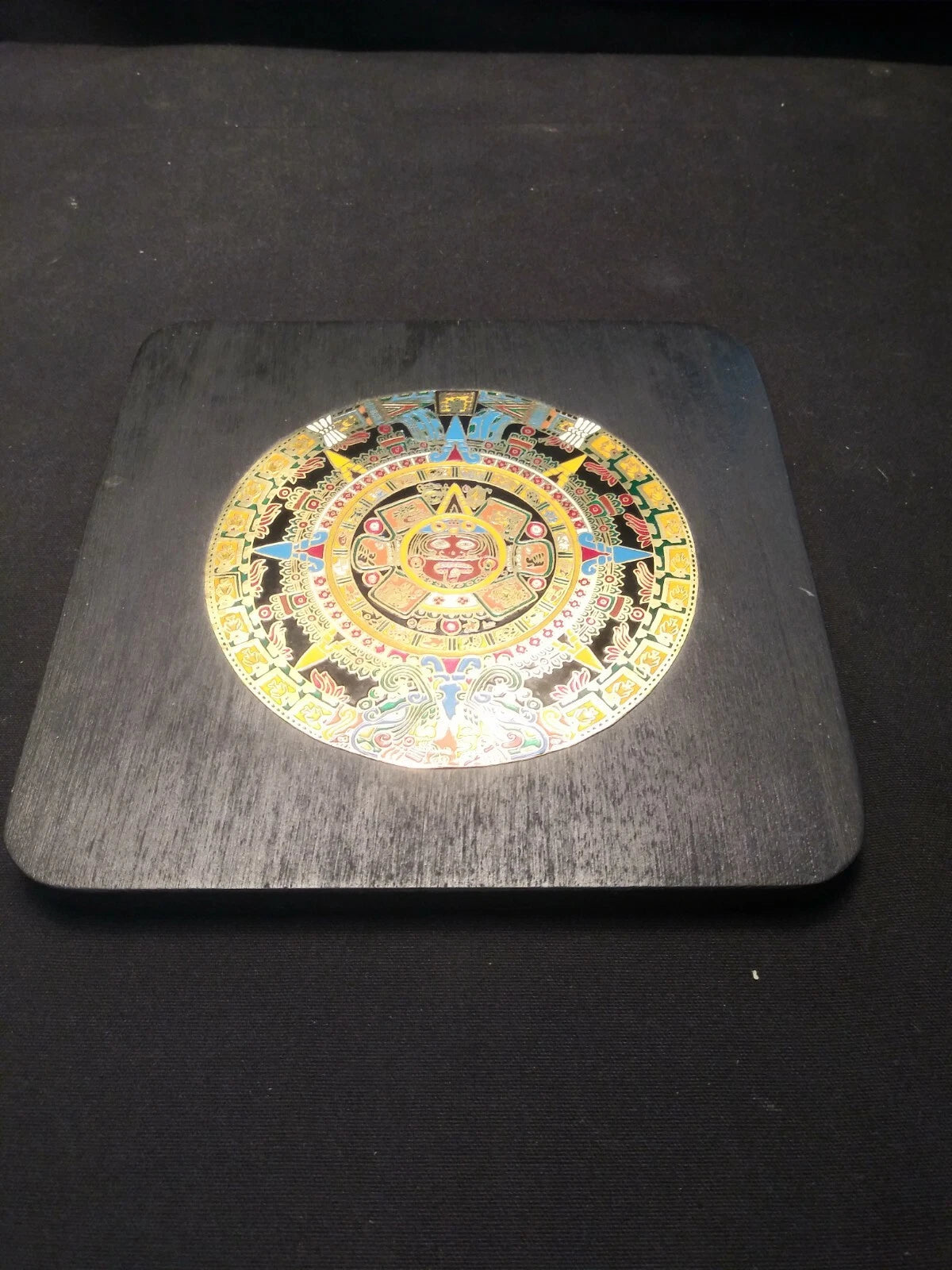 Vintage La Piedra Del Sol O Calendario Azteca Mexican Wall Plaque Metal and Wood