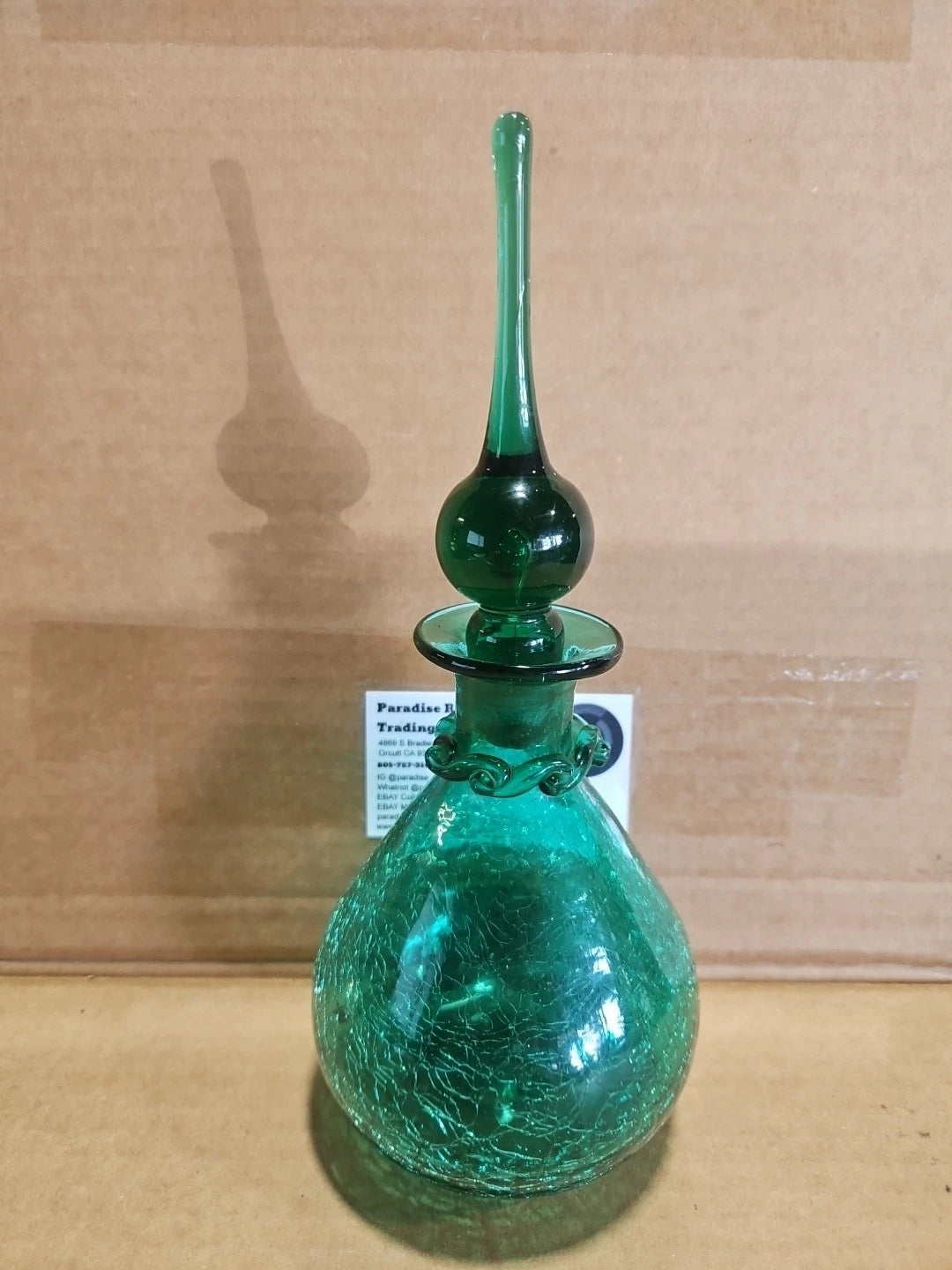 Green Crackle Art Glass Decanter With Stopper Vintage Rare