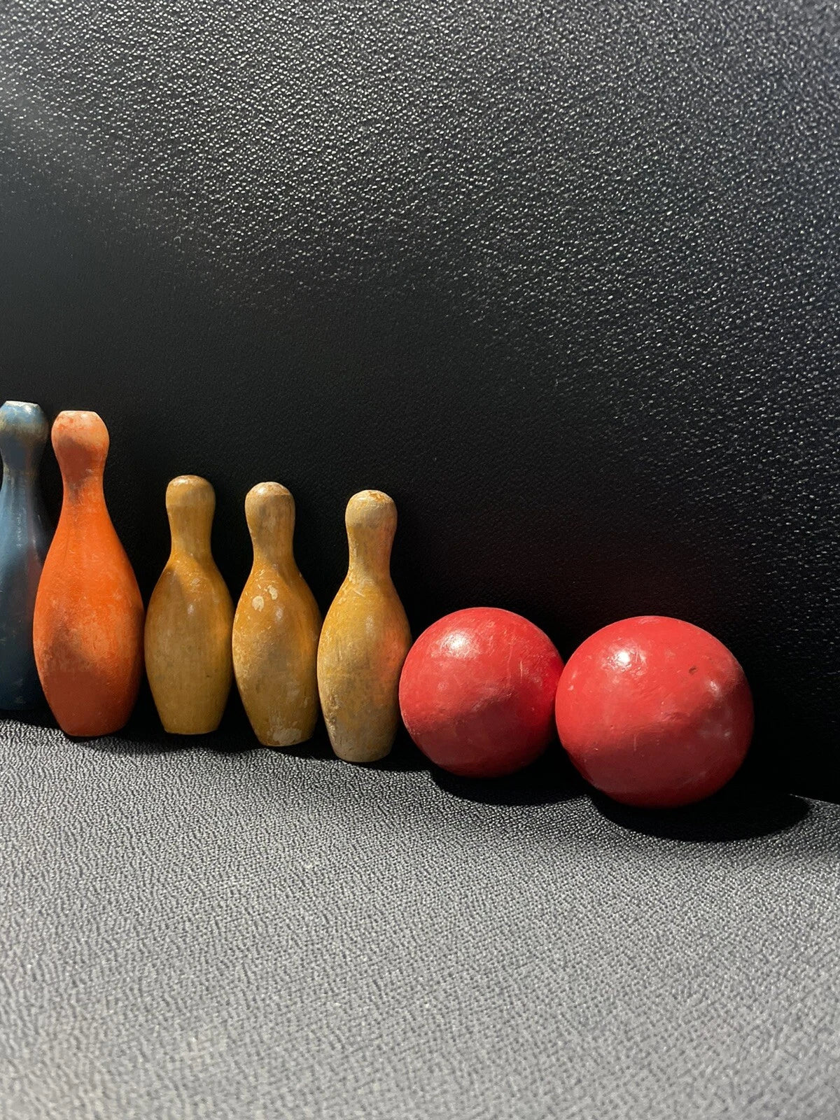Antique Wooden Bowling Pins 6 Pins 2 Balls Different Sizes