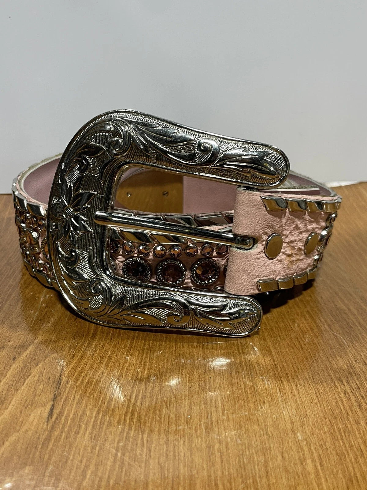 Kippys Belt Baby Pink Leather With Pink Crystals Silver Buckle And Trim