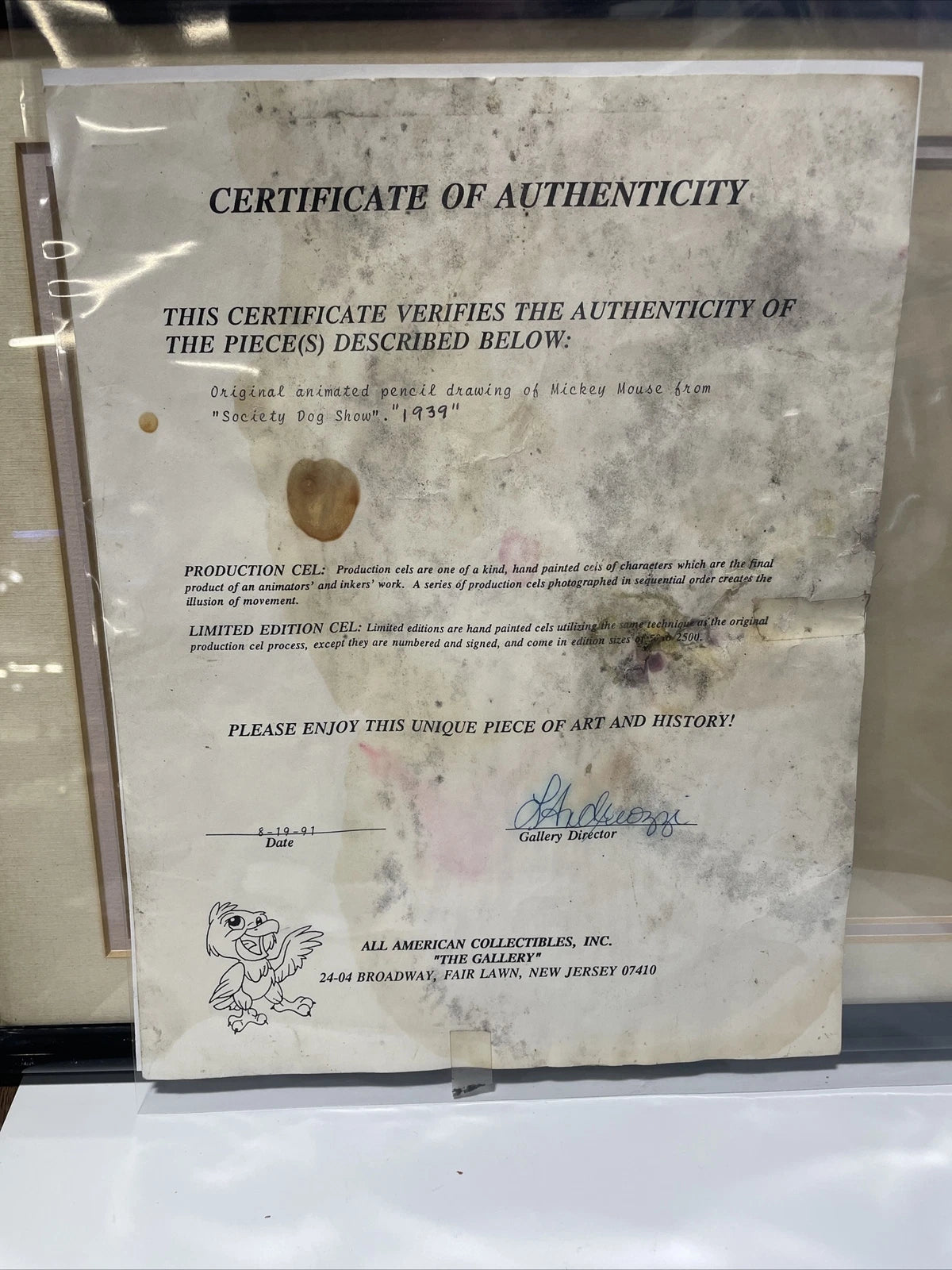 Original Animated Pencil Drawing Of Mickey Mouse From SOCIETY DOG SHOW 1939 COA