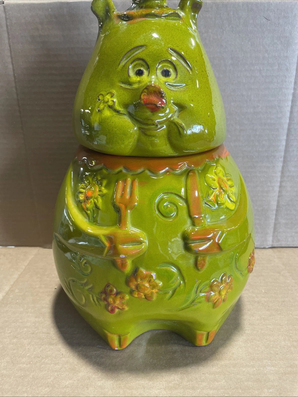 Pacific Stoneware 1968 Flower The Pig Cookie Jar Green Rare Vintage
