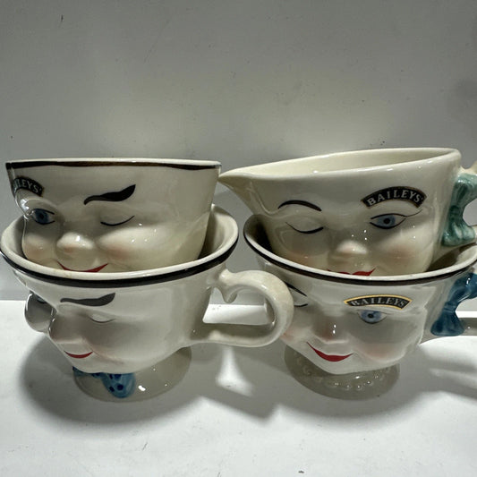 4 Baileys Mr. Mrs Coffee Cups Mugs Anthropomorphic Winking Face Footed 1996 Lot